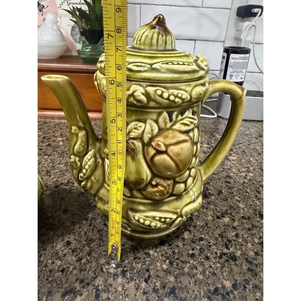 Vintage Japan Green Fruit Majolica Teapot and Instant Coffee Canister Set